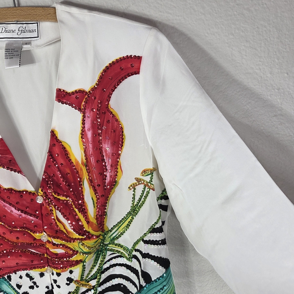 Diane Gilman Silk Beaded Vintage Size M ButtonUp Floral Tunic Blouse White Red - Picture 6 of 16